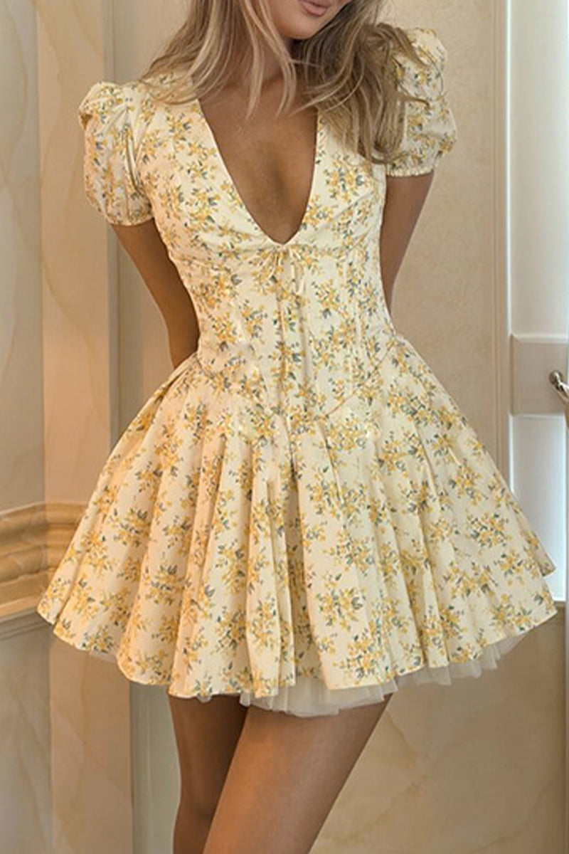 Print Flowers Frenulum Fold V Neck Waist Skirt Dresses