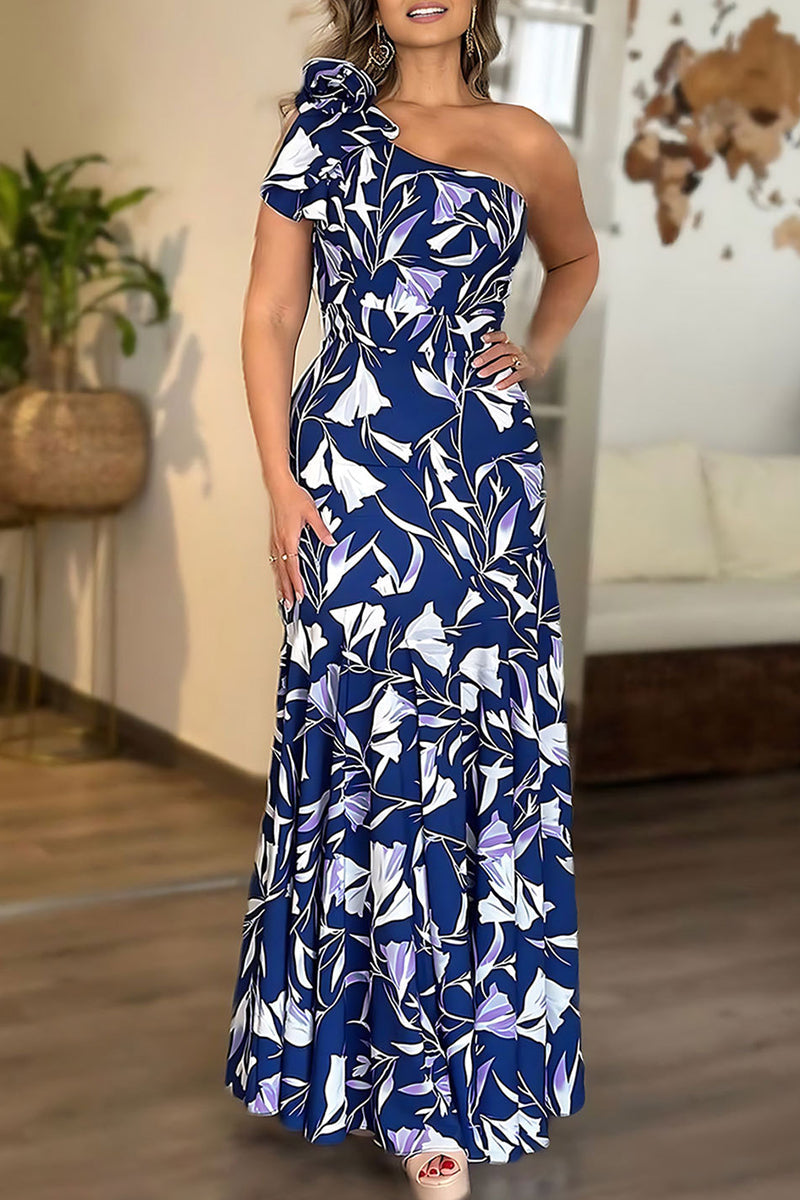 Print Patchwork Backless Oblique Collar Long Dresses