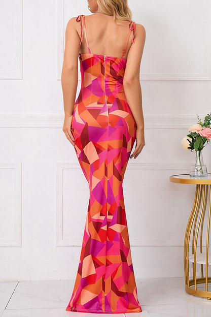 Print Flowers Frenulum Backless Square Collar One Step Skirt Dresses