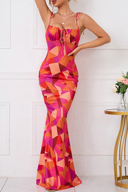Print Flowers Frenulum Backless Square Collar One Step Skirt Dresses