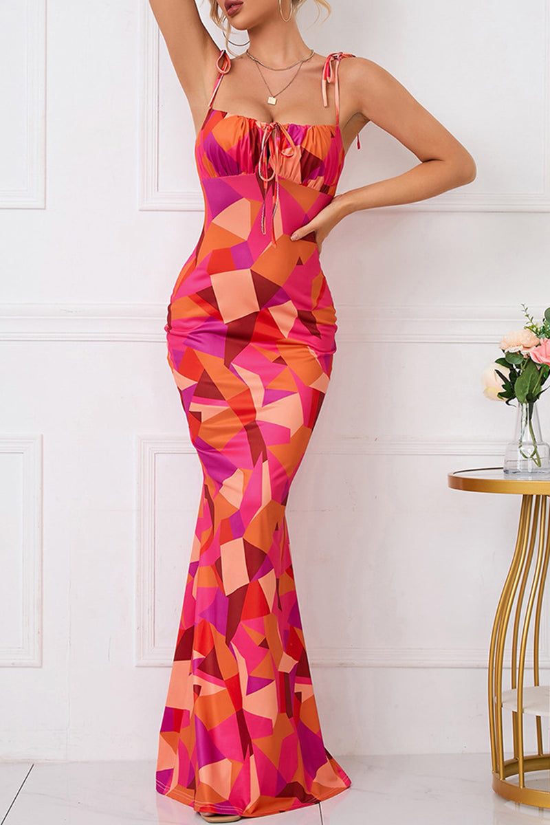 Print Flowers Frenulum Backless Square Collar One Step Skirt Dresses