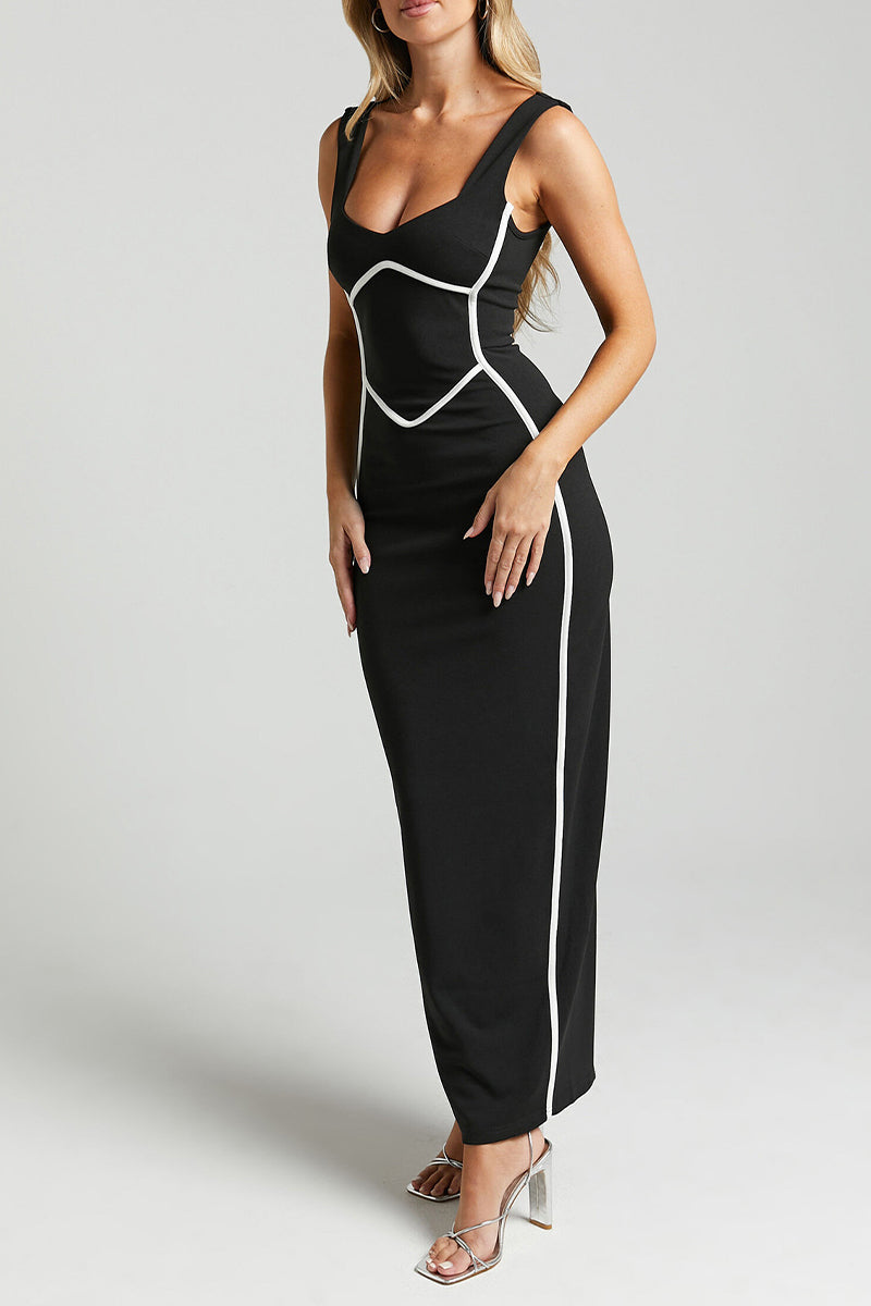 Striped Contrast V Neck One Step Skirt Dresses