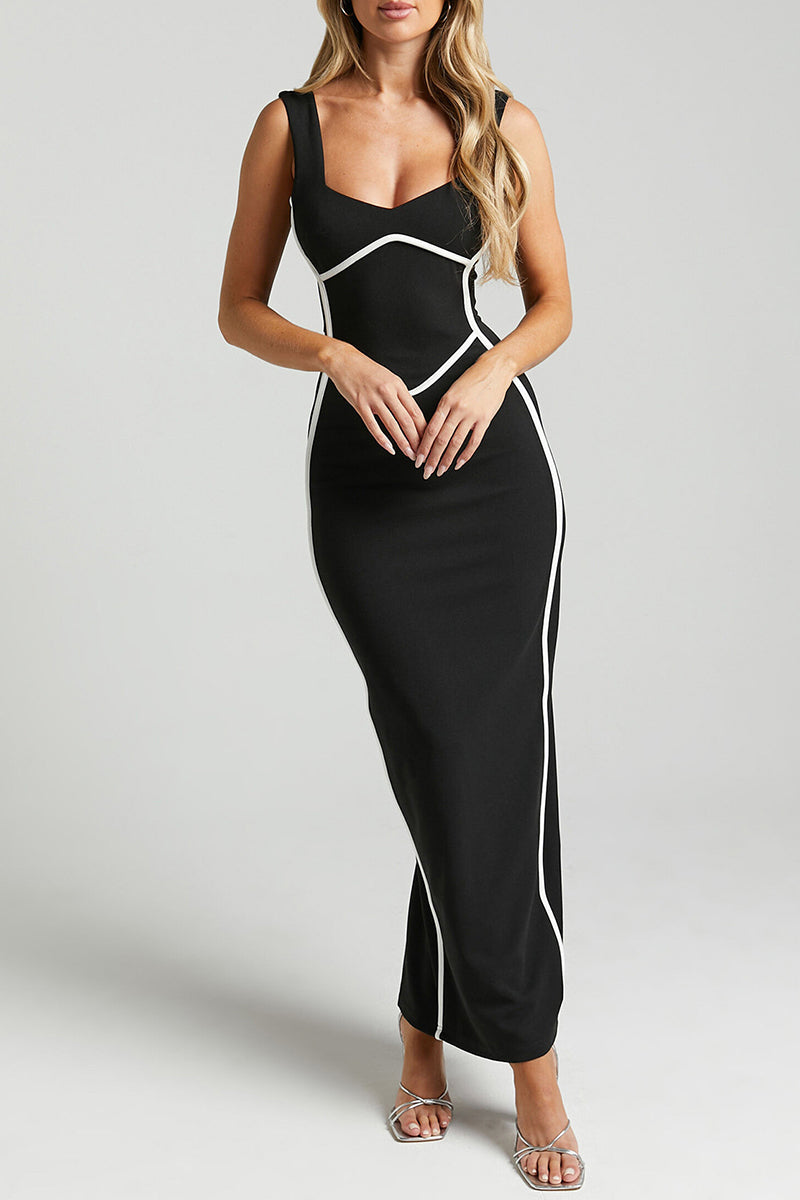 Striped Contrast V Neck One Step Skirt Dresses
