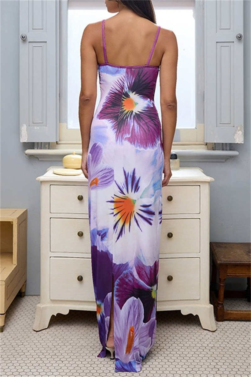 Print Backless Spaghetti Strap Long Dresses