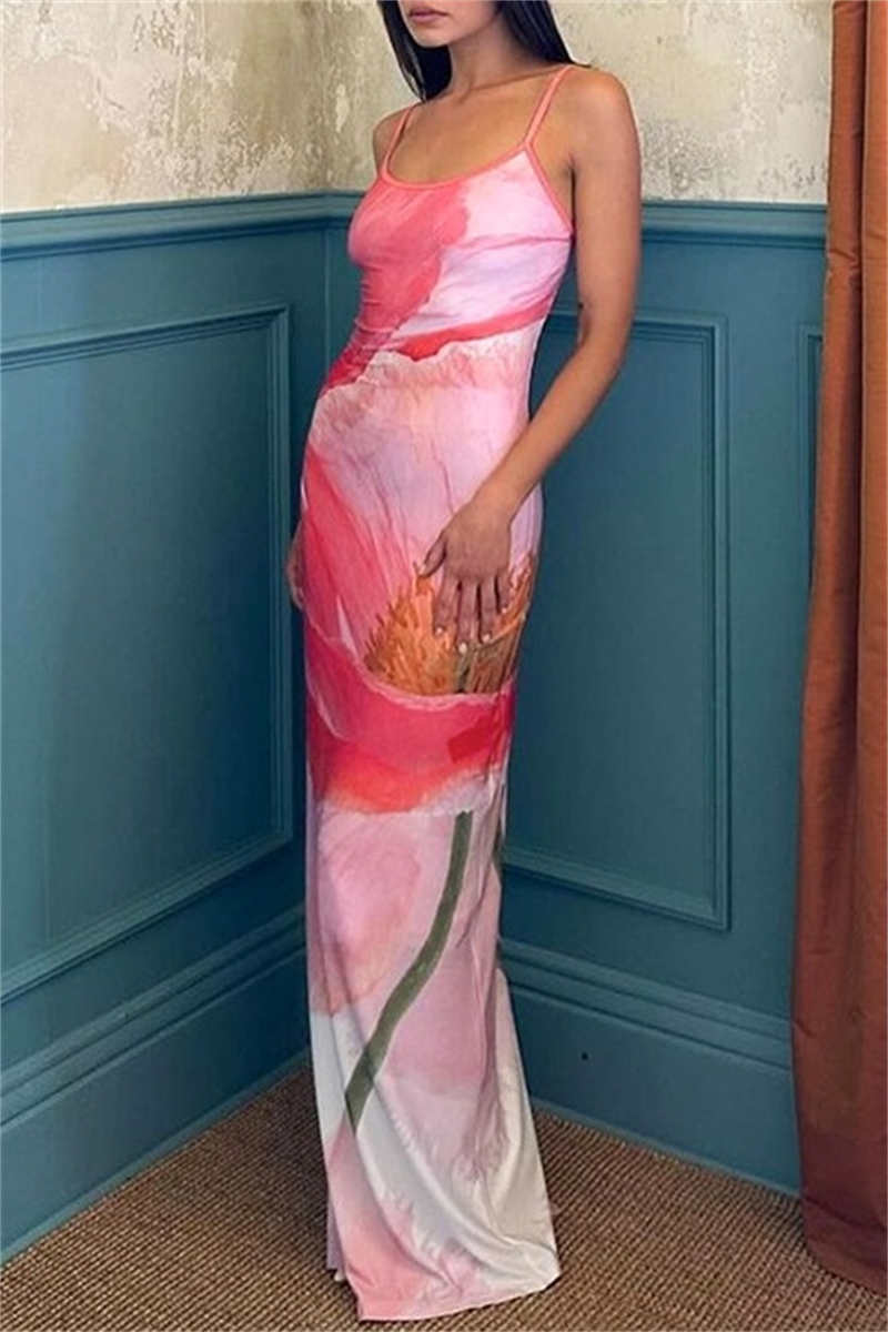 Print Backless Spaghetti Strap Long Dresses