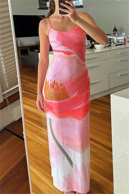 Print Backless Spaghetti Strap Long Dresses