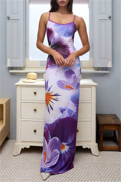 Print Backless Spaghetti Strap Long Dresses