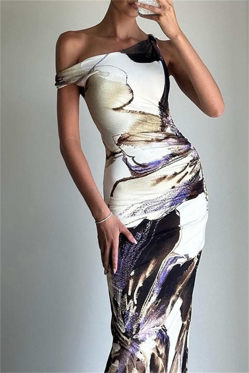 Print Basic Oblique Collar Long Dresses