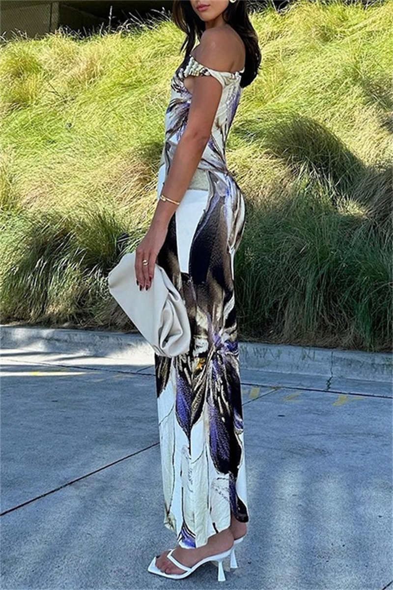 Print Basic Oblique Collar Long Dresses