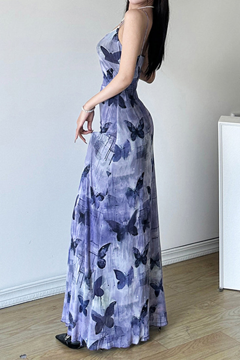 Butterfly Lace Mesh With Bow V Neck One Step Skirt Dresses