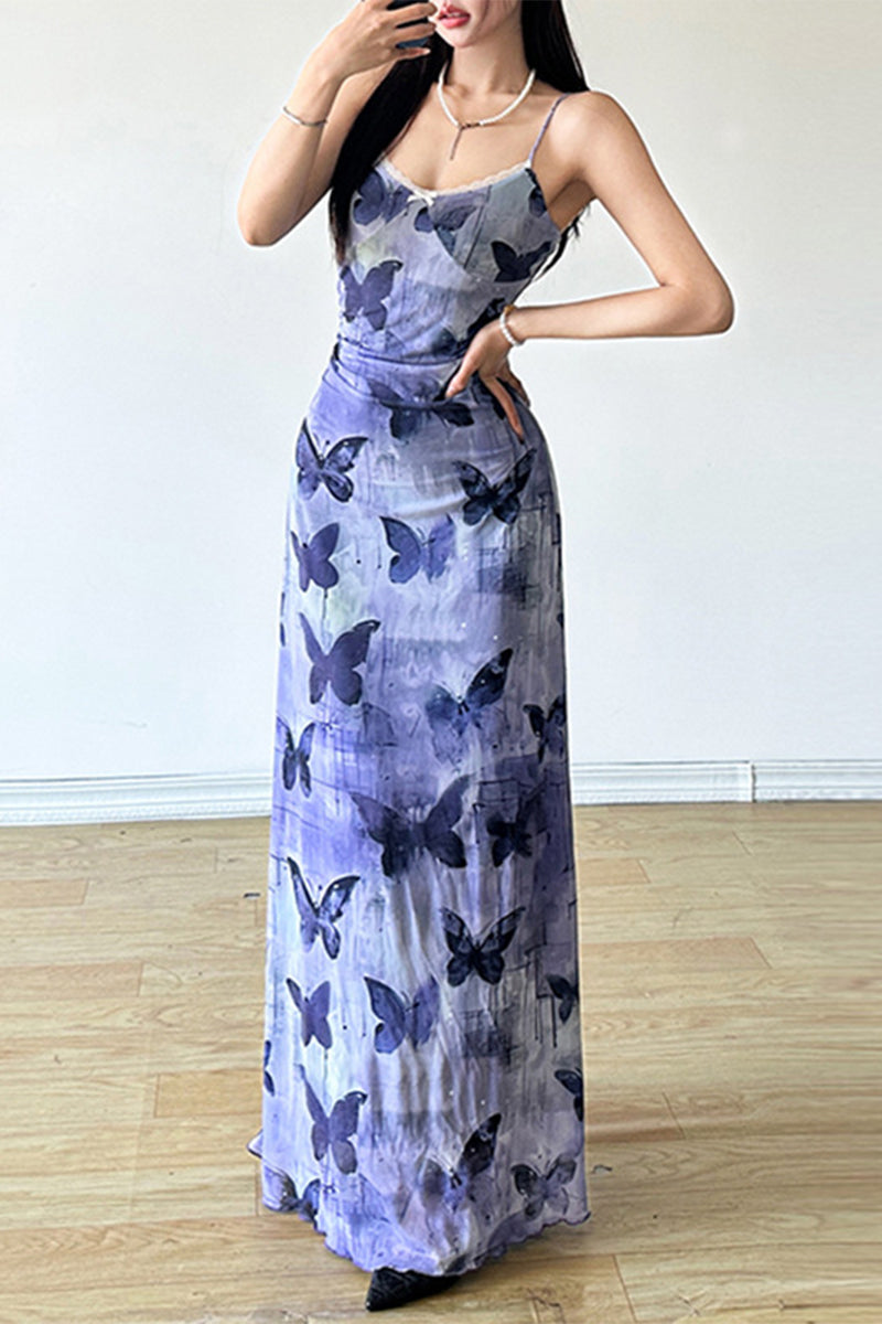 Butterfly Lace Mesh With Bow V Neck One Step Skirt Dresses