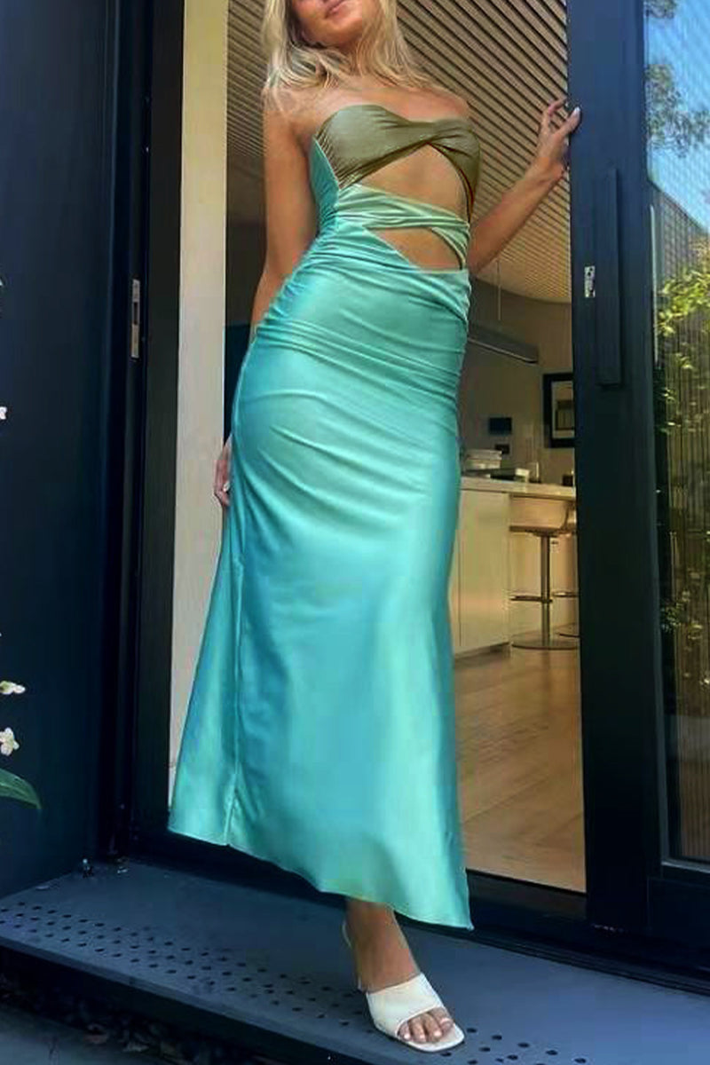 Hollowed Out Contrast Strapless One Step Skirt Dresses