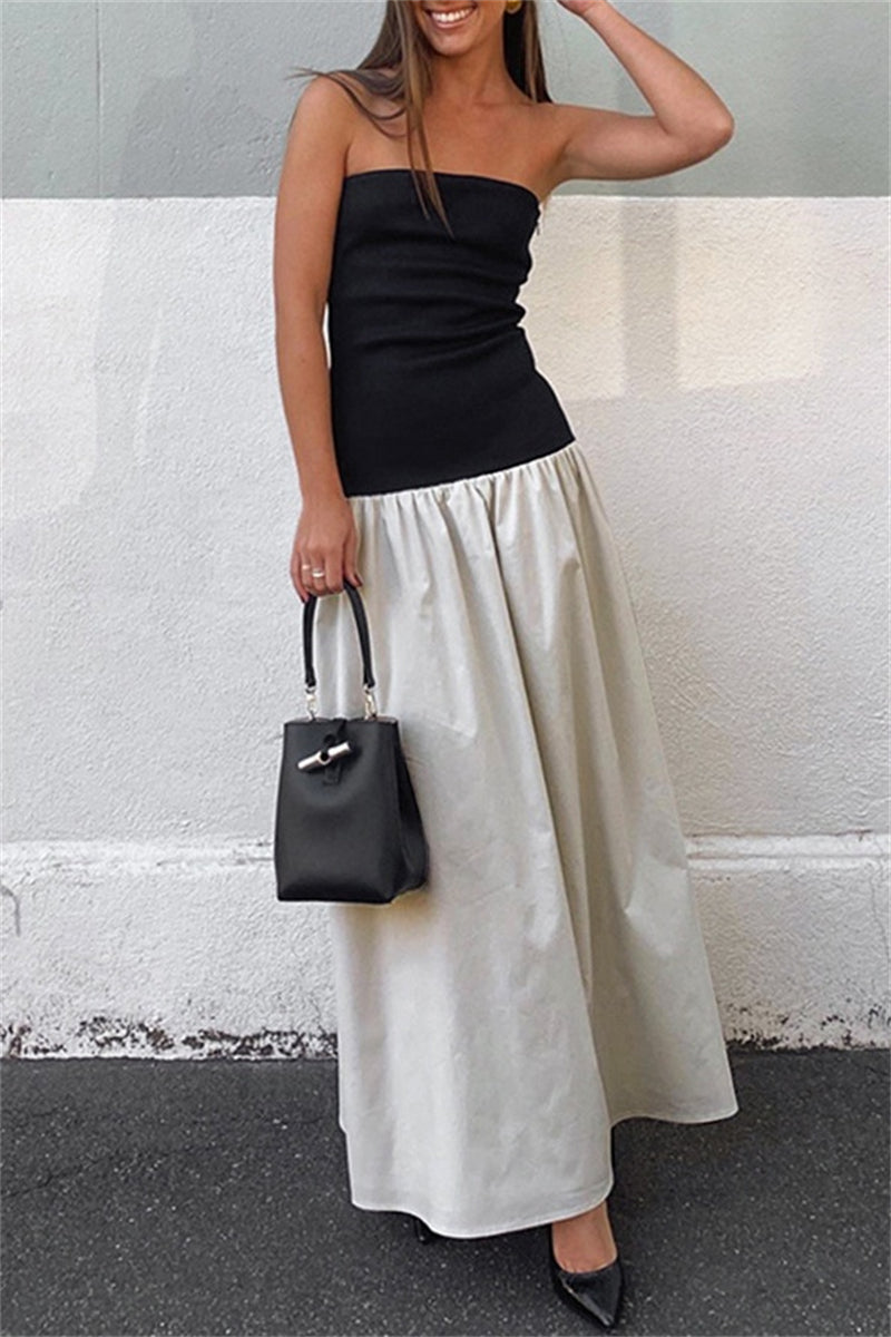 Patchwork Backless Contrast Strapless Long Dresses