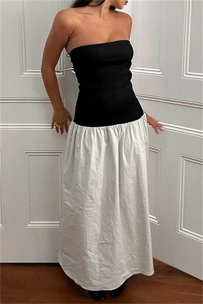 Patchwork Backless Contrast Strapless Long Dresses