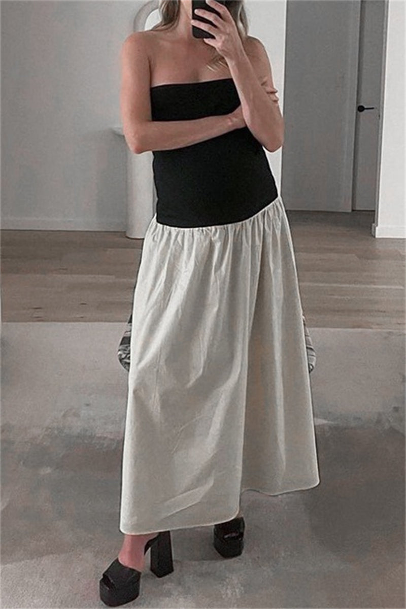 Patchwork Backless Contrast Strapless Long Dresses