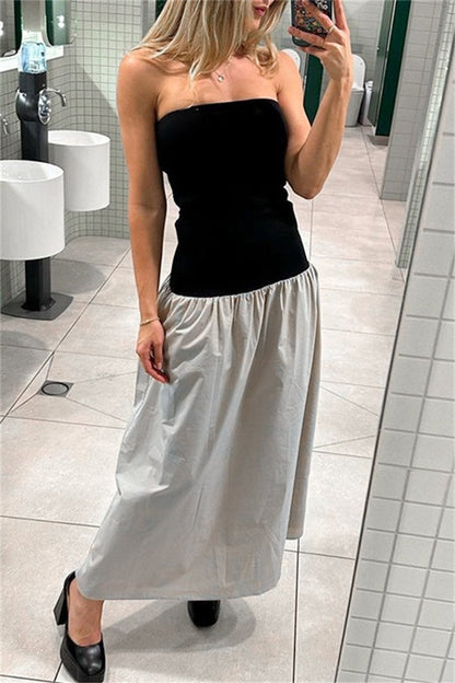 Patchwork Backless Contrast Strapless Long Dresses
