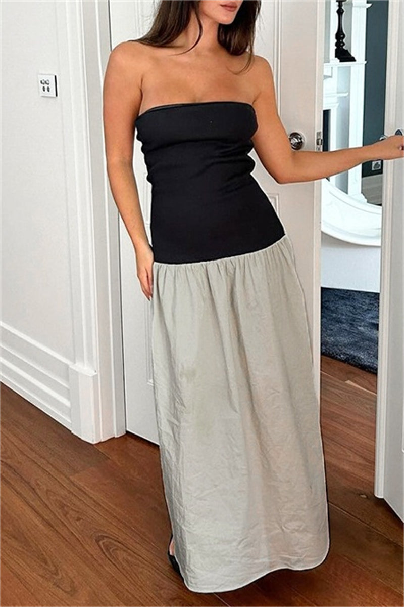 Patchwork Backless Contrast Strapless Long Dresses