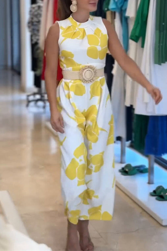 Print Flowers Patchwork Without Belt O Neck Loose Jumpsuits(no Belt)