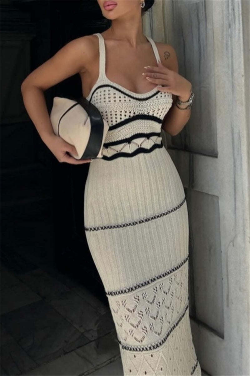 Patchwork Backless Slit Spaghetti Strap Long Dresses