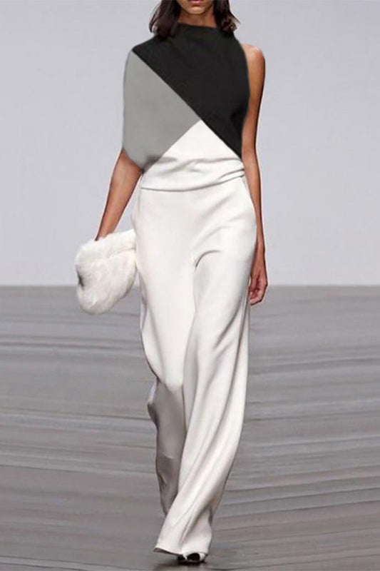 Patchwork Contrast Half a Turtleneck Straight Jumpsuits