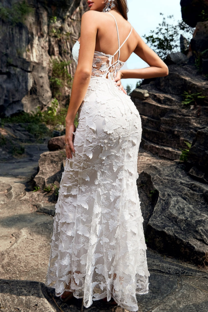 Formal Patchwork See-through Backless Spaghetti Strap Long Dresses