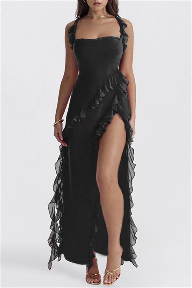 Patchwork Backless Slit Spaghetti Strap Long Dresses(3 Colors)