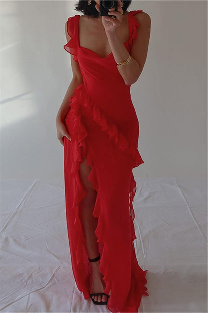 Patchwork Backless Slit Spaghetti Strap Long Dresses(3 Colors)
