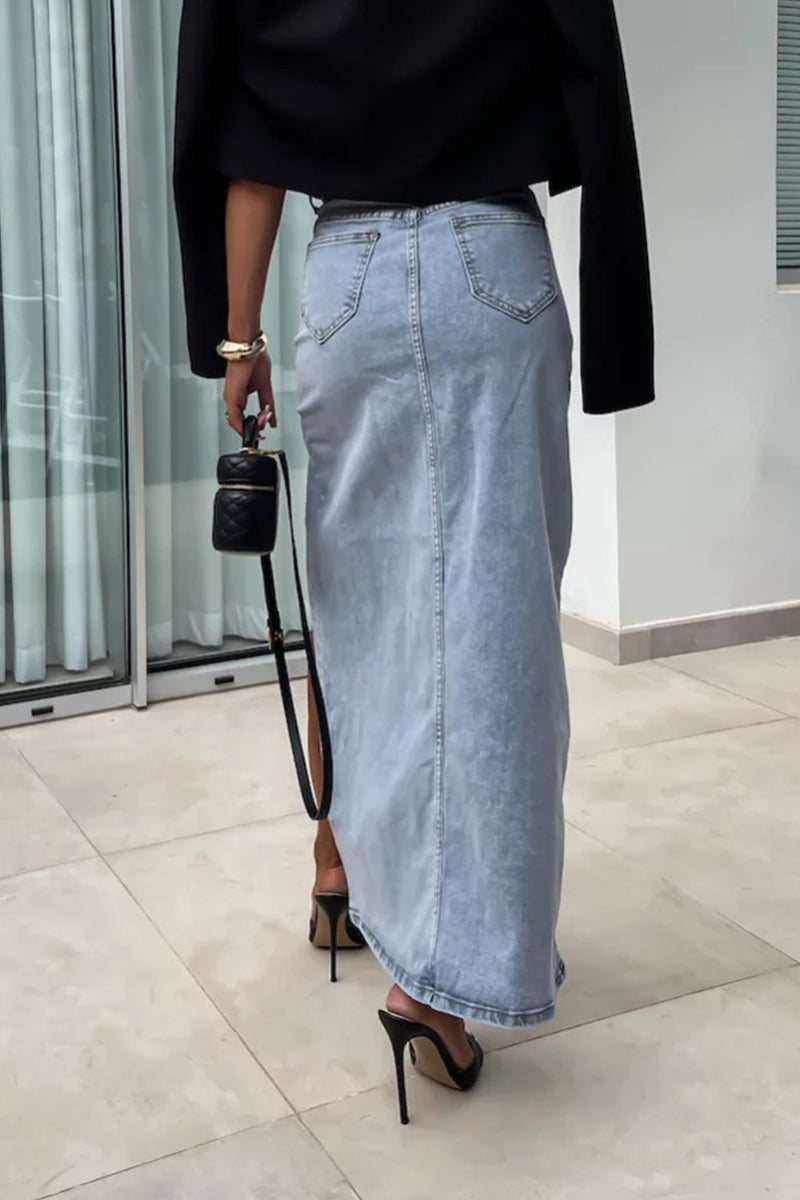 Pocket Slit Asymmetrical High Waist Denim Skirts
