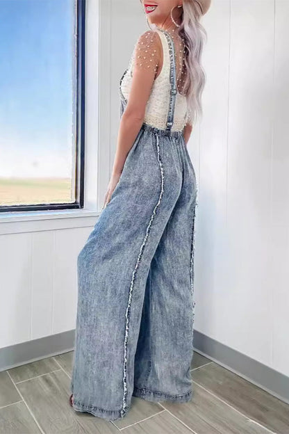 Street Patchwork Backless Square Collar Sleeveless Loose Denim Jumpsuits