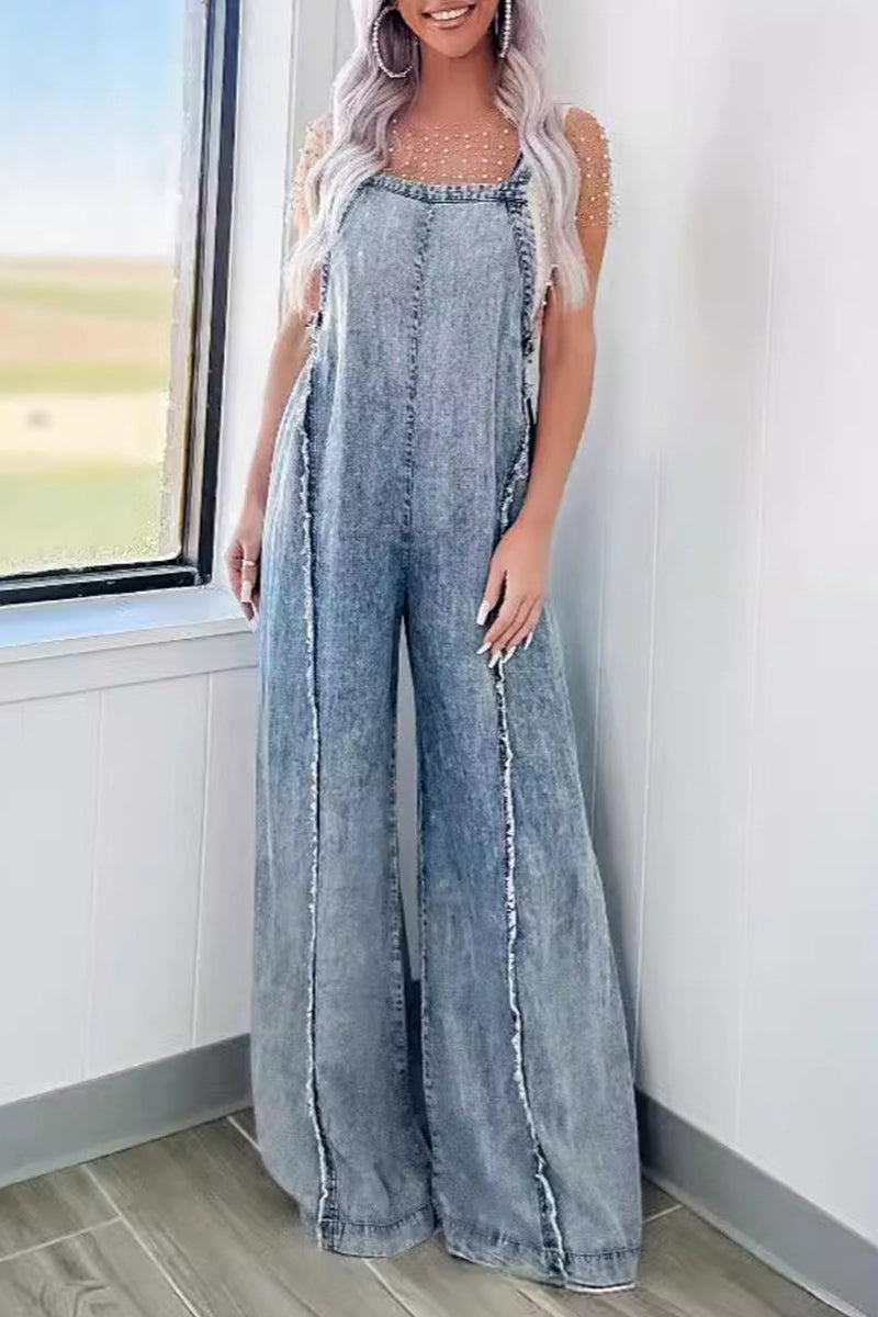 Street Patchwork Backless Square Collar Sleeveless Loose Denim Jumpsuits