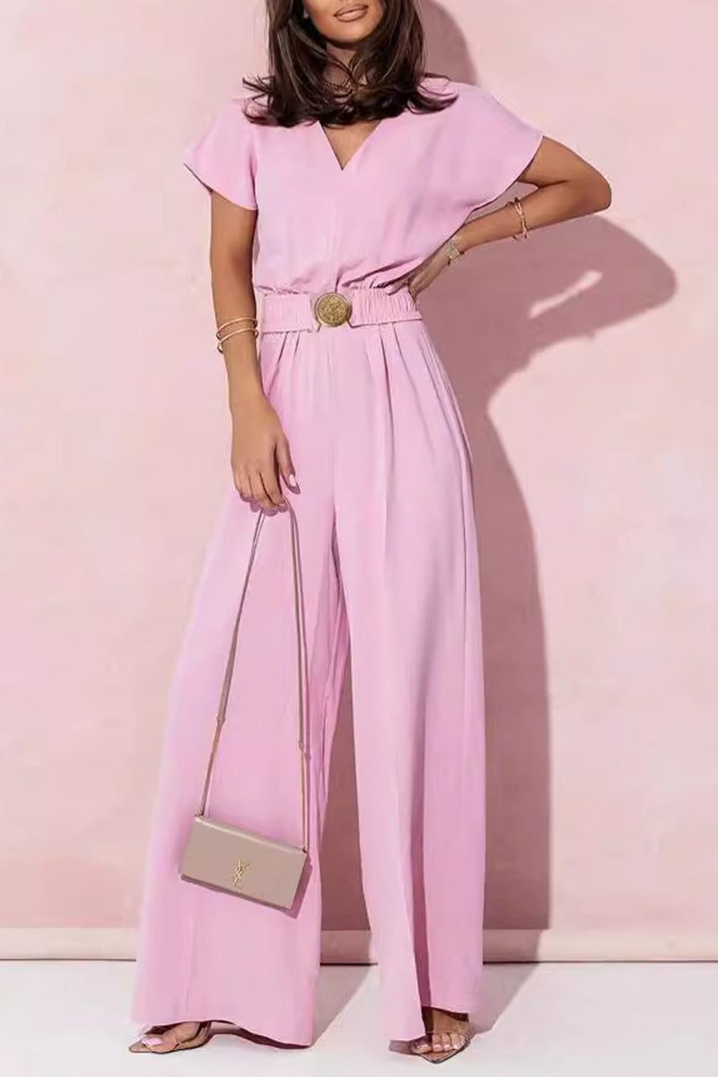 Metal Accessories Decoration V Neck Loose Jumpsuits