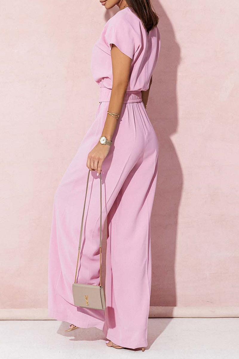 Metal Accessories Decoration V Neck Loose Jumpsuits