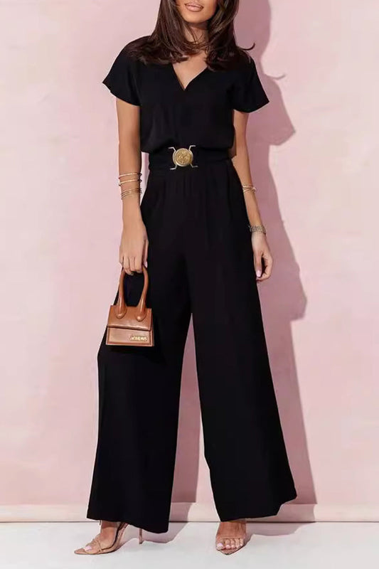 Metal Accessories Decoration V Neck Loose Jumpsuits