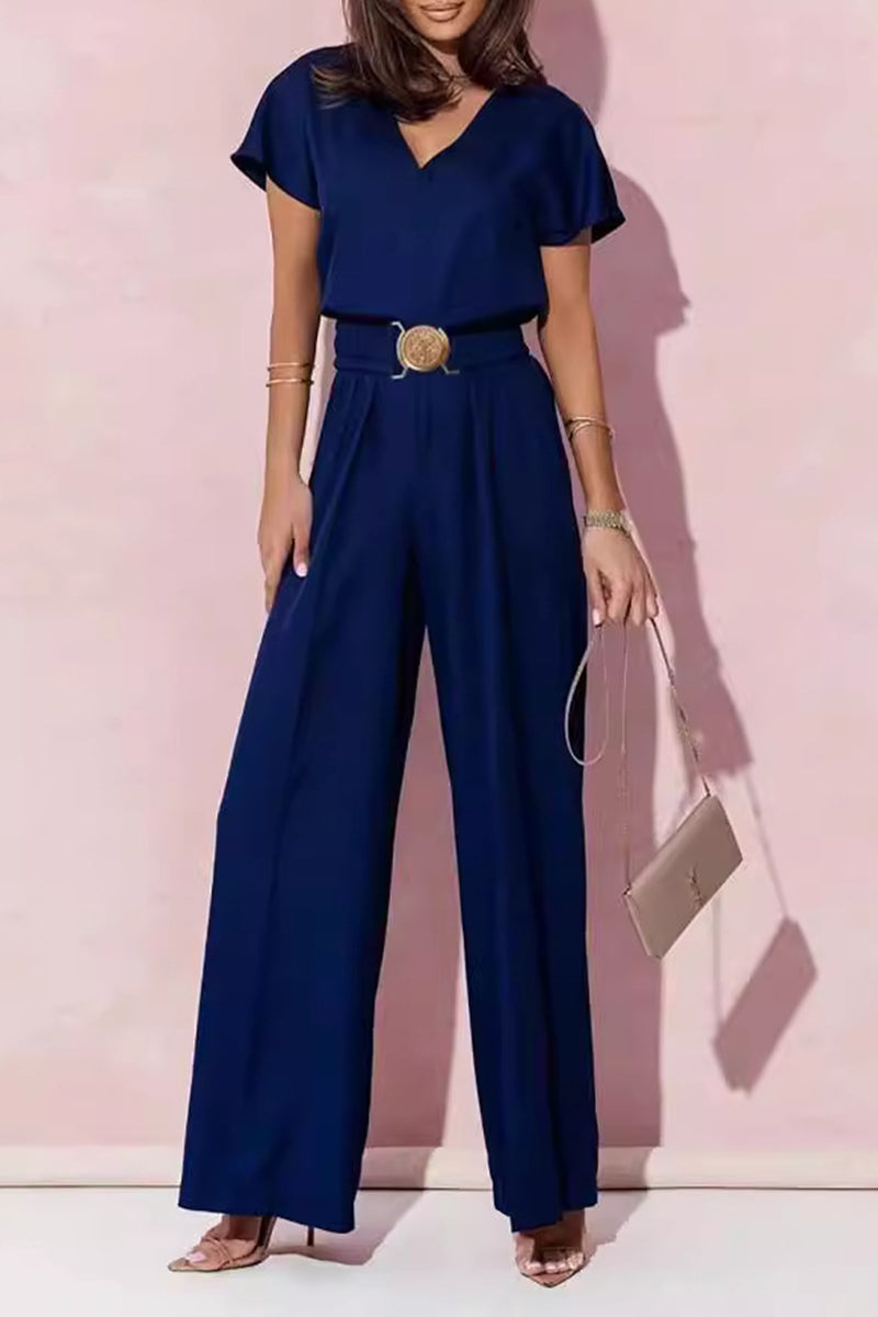 Metal Accessories Decoration V Neck Loose Jumpsuits