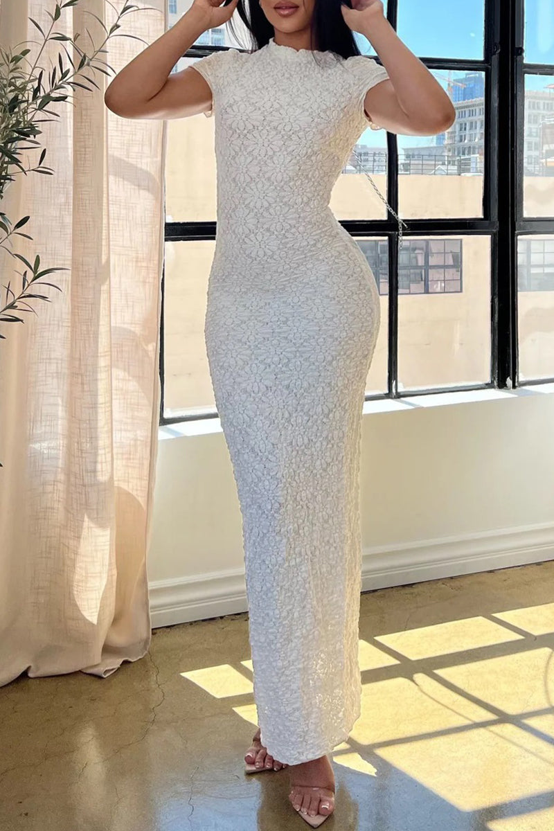See-through Slit O Neck One Step Skirt Short Sleeve Dress