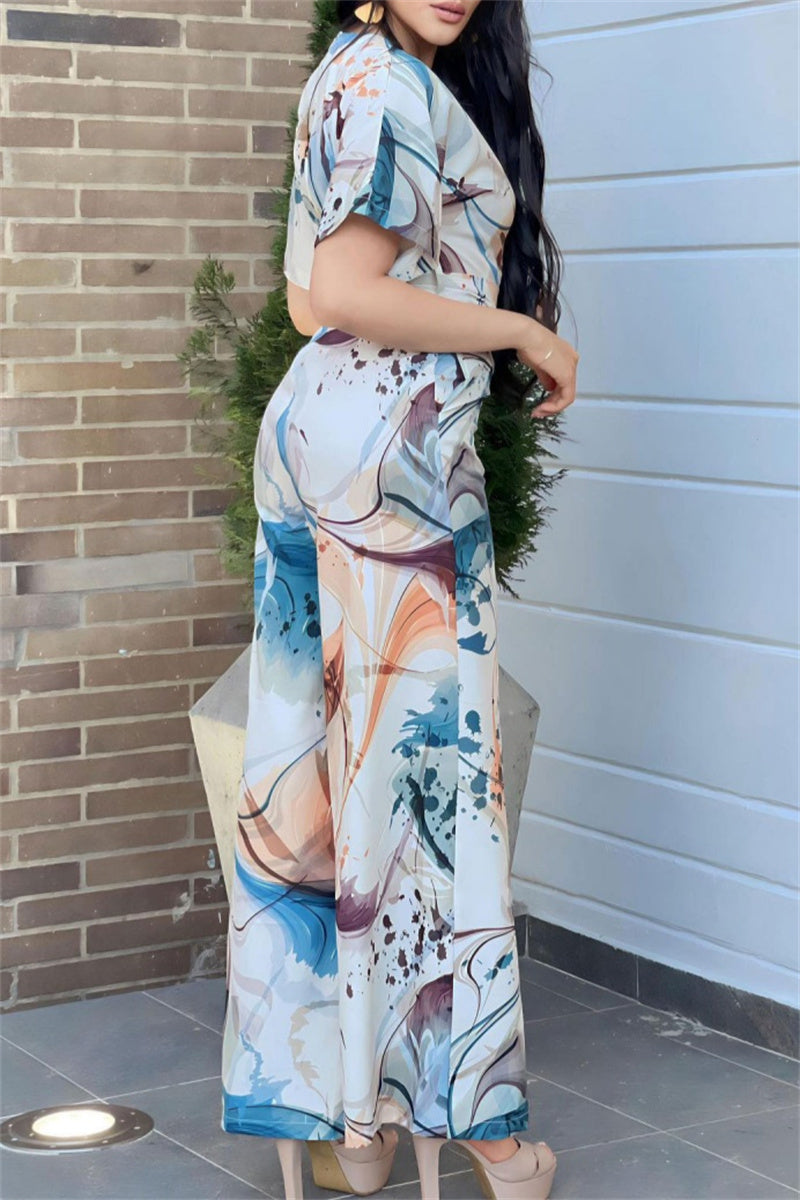 Print Patchwork V Neck Regular Jumpsuits