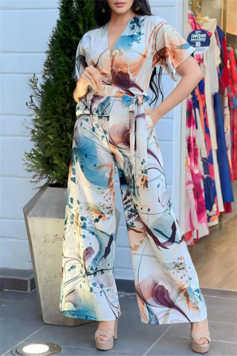 Print Patchwork V Neck Regular Jumpsuits