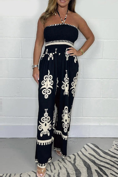 National Totem Print Patchwork Halter Loose Jumpsuits