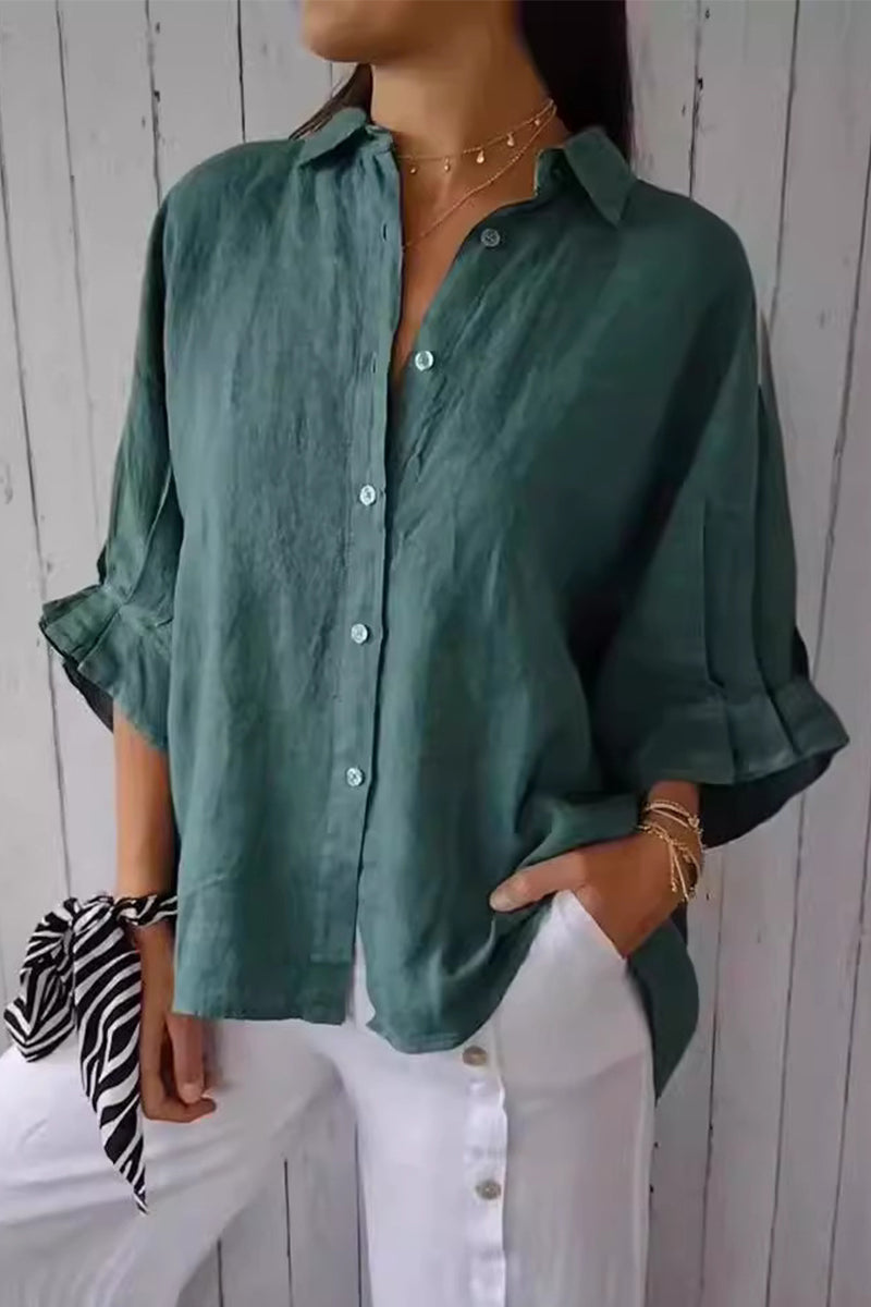 Frenulum Buttons Slit Turndown Collar Blouses(7 Colors)