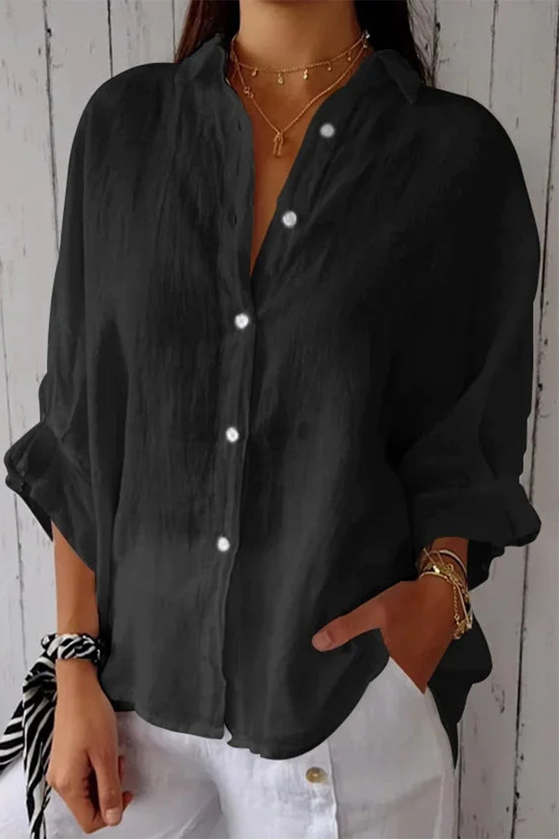 Frenulum Buttons Slit Turndown Collar Blouses(7 Colors)