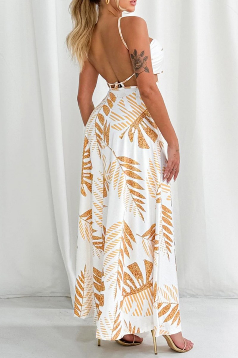 Print Backless Spaghetti Strap Long Dresses