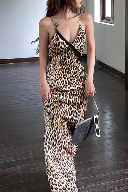 Leopard Backless V Neck One Step Skirt Dresses