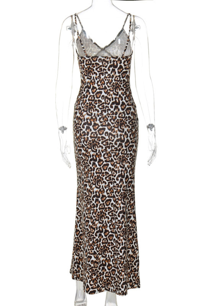 Leopard Backless V Neck One Step Skirt Dresses