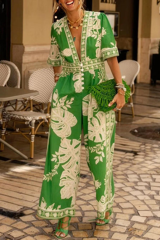 National Totem Print Pocket V Neck Loose Jumpsuits
