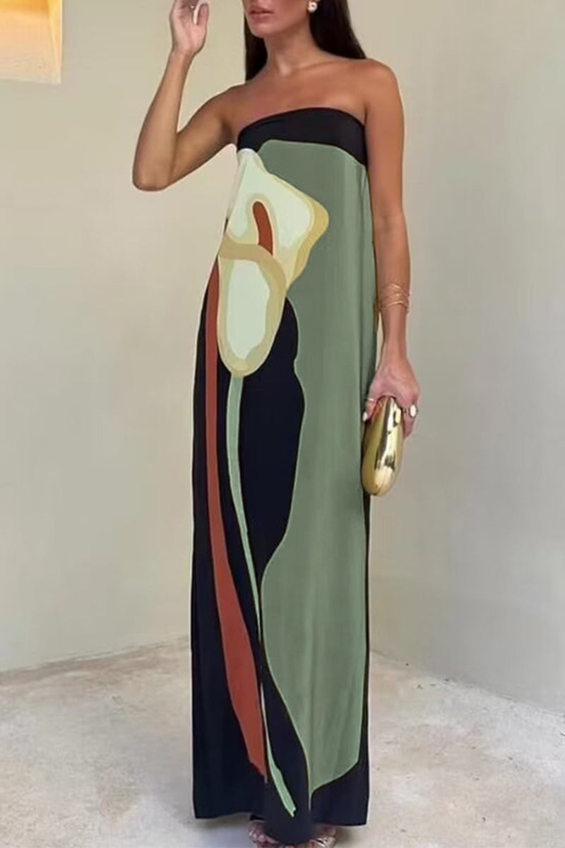 Print Flowers Slit Contrast Strapless One Step Skirt Dresses