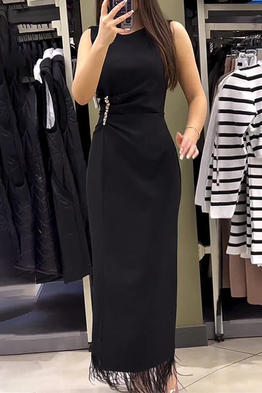 Tassel Rhinestone O Neck One Step Skirt Dresses