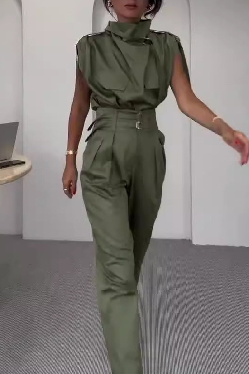 Street Patchwork Turtleneck Regular Jumpsuits