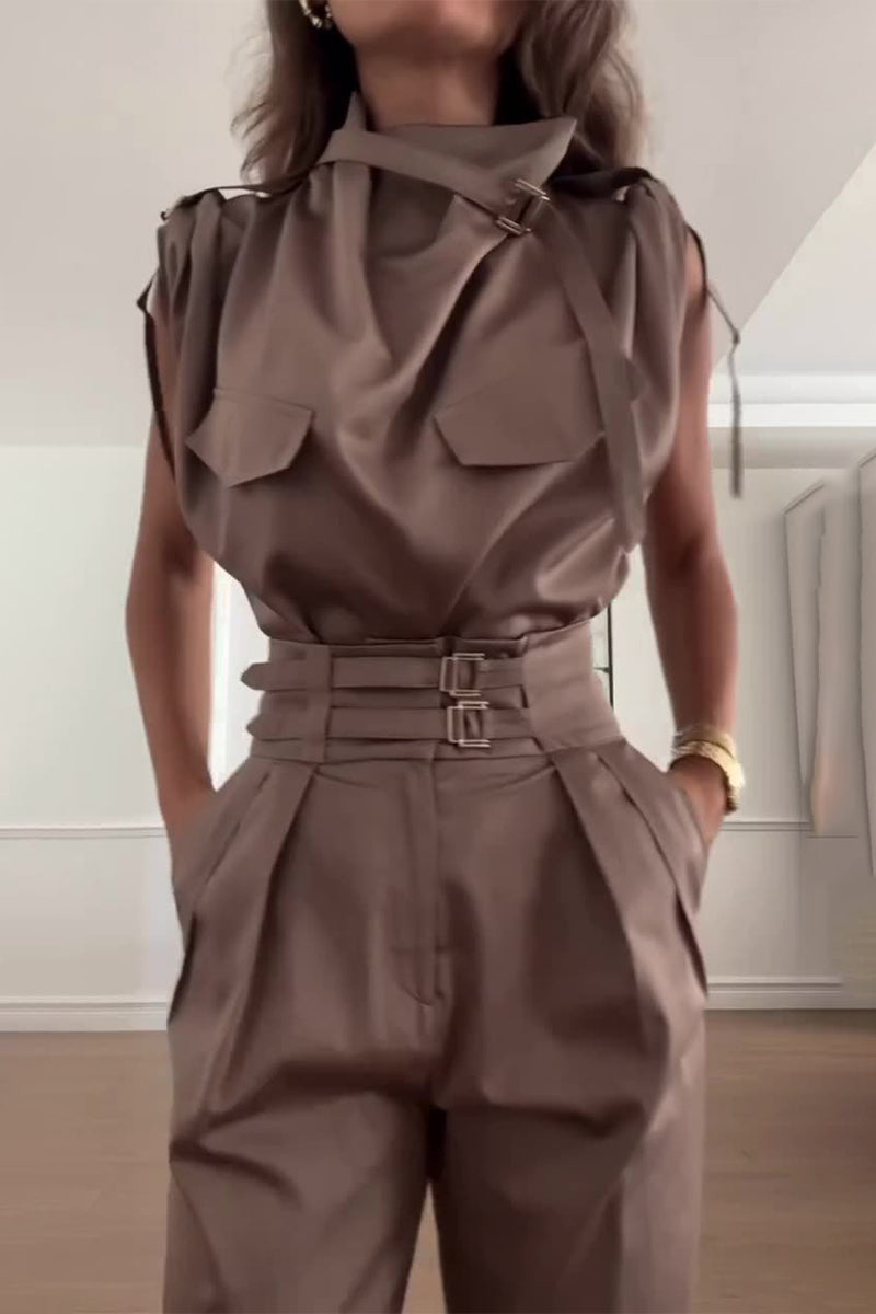 Street Patchwork Turtleneck Regular Jumpsuits