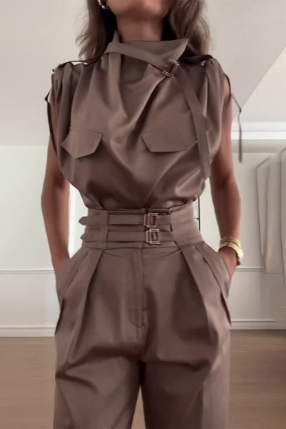 Street Patchwork Turtleneck Regular Jumpsuits