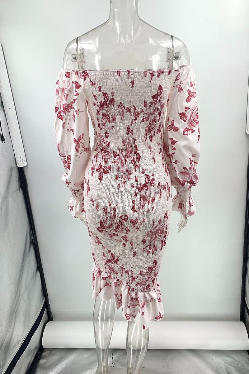 Flowers Patchwork Fold Off the Shoulder Wrapped Skirt Dresses